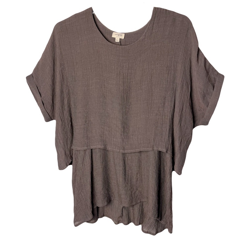 Umgee | Gray Crepe Layered Cuffed Lagenlook Tunic Top, Large